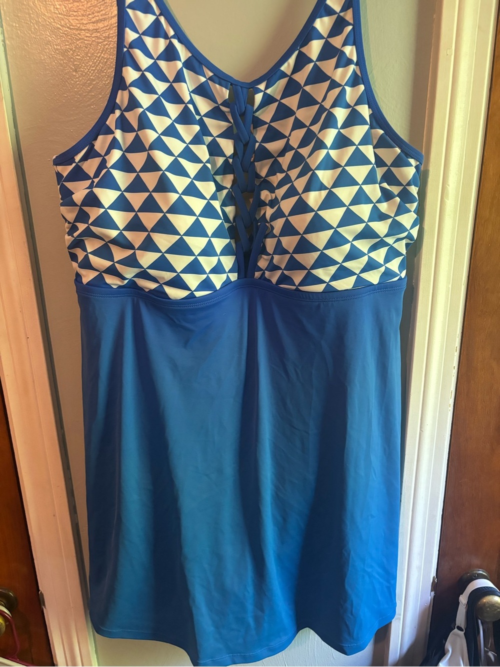Swimsuits For All Blue and White Geometric Swimdress